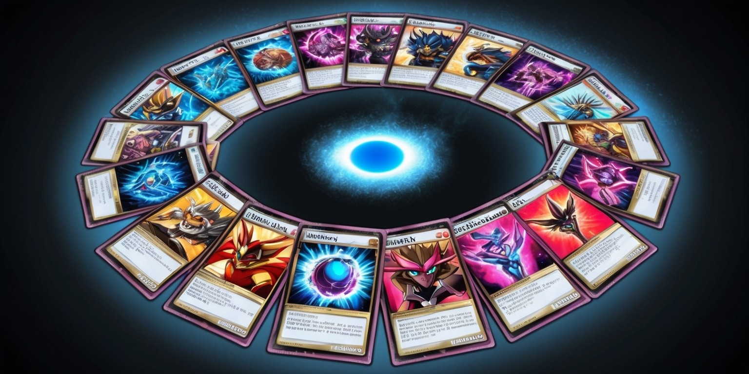 A collection of vibrant Yu-Gi-Oh trading cards laid out in a circular pattern on a matte black background, with each card featuring a unique monster or spell illustration in bold, exaggerated style, reminiscent of Japanese manga, with intricate details and dynamic poses, surrounded by ornate golden borders and Seto Kaiba's signature blue eyes peeking out from the top card, with the cards' names and attributes displayed in a futuristic, neon-lit font with subtle Japanese typography influences, and the entire set surrounded by a subtle, gradient-like glow, evoking a sense of magic and power.