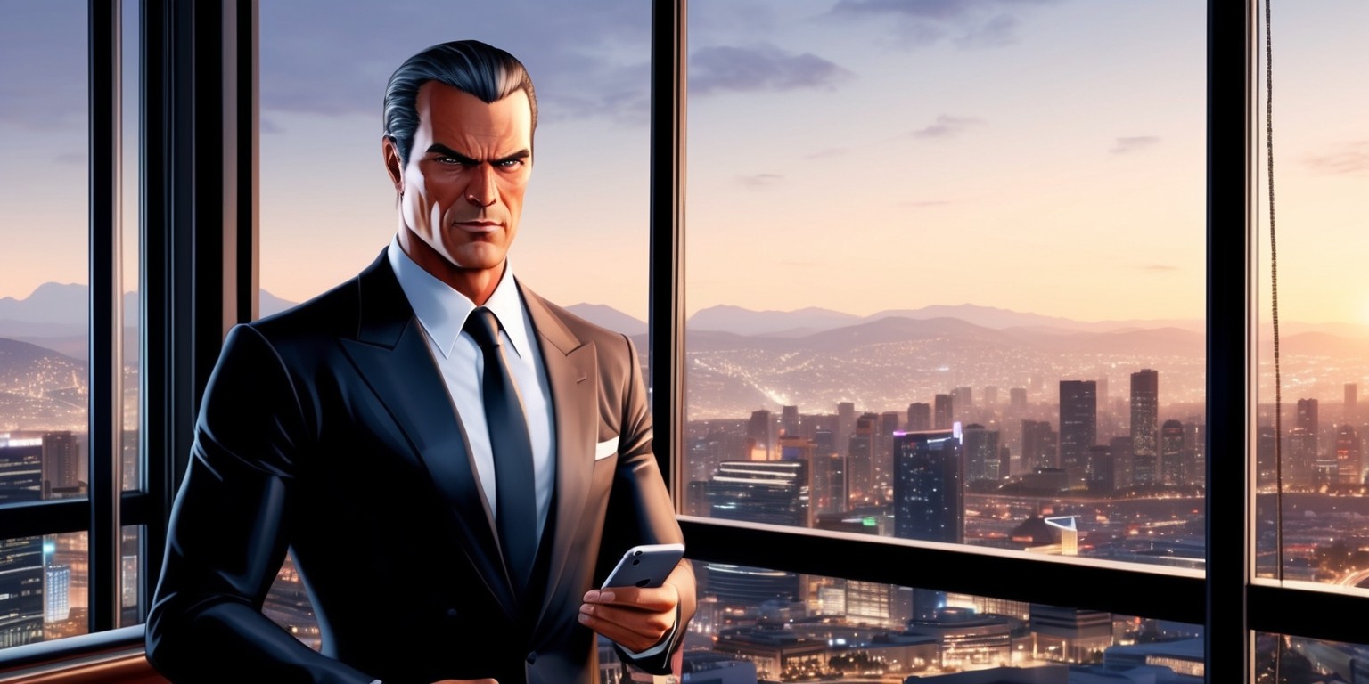 A sleek, high-stakes scene depicting a powerful CEO, likely in their 40s with sharp facial features, piercing blue eyes, and a confident smirk, standing in front of a luxurious, high-rise office window overlooking the bustling cityscape of Los Santos, the fictional metropolis in GTA Online, with a subtle glow of sunset casting a warm orange hue on the surroundings. The CEO, dressed in a tailored black business suit, crisp white shirt, and black tie, holds a sleek, silver smartphone in hand, gazing out at the city with an air of authority, hinting at the lucrative VIP Work and CEO Missions awaiting in the world of GTA Online. The atmosphere is intense, with a hint of wealth and power, as the city lights begin to twinkle below.