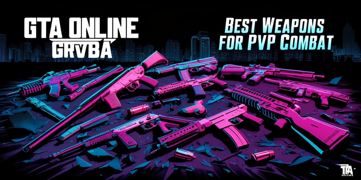 A gritty, high-contrast digital illustration of a dark background with bold, neon-lit weapons scattered across the foreground, illuminated by the bright lights of a cityscape at dusk, showcasing the most powerful arsenal for PvP combat in GTA Online, including sleek, high-tech rifles, rugged shotguns, and ornate pistols, each with intricate detailing and realistic textures, surrounded by shattered glass, torn fabric, and spent shell casings, with a faint, stylized GTA Online logo emblazoned in bold, metallic font across the top of the image, and the title "Best Weapons for PvP Combat" written in a modern, angular script above the logo, with a subtle gradient effect to give the overall design a futuristic, high-tech feel.