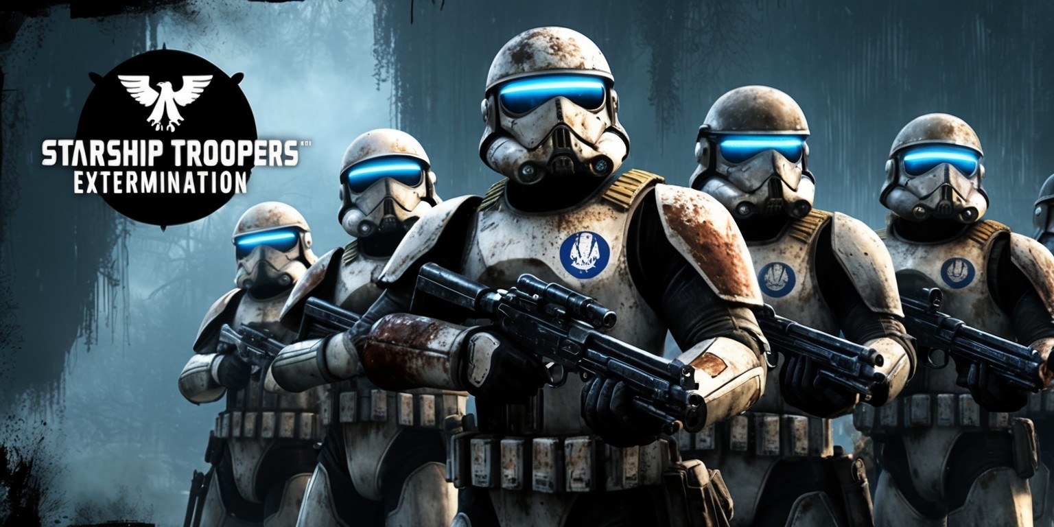 A dystopian, futuristic digital illustration depicting a scene from the video game Starship Troopers: Extermination, set against a dark, ominous, and foreboding background with a mix of muted blues and grays. In the foreground, a group of heavily armored, determined-looking Federation Troopers, with worn, battle-scarred power suits, stand ready with rifles at the ready, their faces obscured by helmets with glowing blue visors. The troopers' armor is adorned with the Federation insignia, a stylized silver eagle on a black circle, with worn, metallic textures and weathered details. The atmosphere is tense, with an sense of impending combat, as the troopers prepare to face off against an unknown alien threat. The overall aesthetic is dark, gritty, and intense, with detailed, realistic textures and subtle, atmospheric lighting.