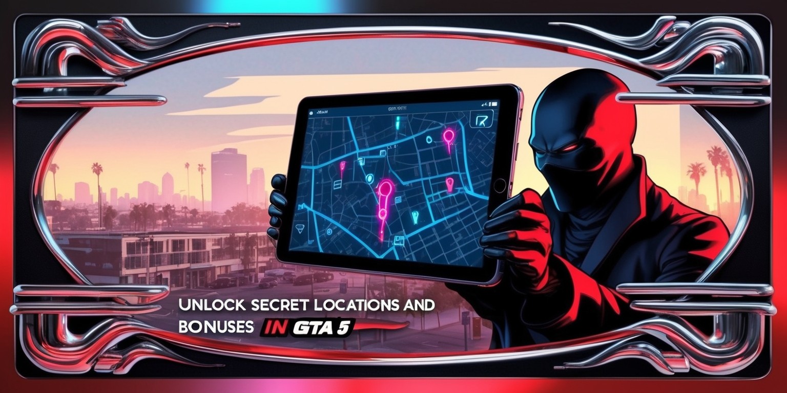 A hyper-realistic, vibrant illustration depicting a gritty, sun-kissed Los Santos cityscape at dusk, with a sly, mysterious figure in the shadows, holding a sleek, high-tech tablet displaying a cryptic map with neon-blue GPS coordinates and pulsing red waypoints, hinting at secret locations and hidden bonuses in GTA 5, set against a warm, gradient background with a subtle, metallic sheen, evoking a sense of excitement, mystery, and cutting-edge technology, with bold, modern typography overlaid on top, reading "Unlock Secret Locations and Bonuses in GTA 5" in a curved, futuristic font, surrounded by stylized, graffiti-inspired accents and ornate, chrome-plated lines, with a sense of dynamic movement and energy.