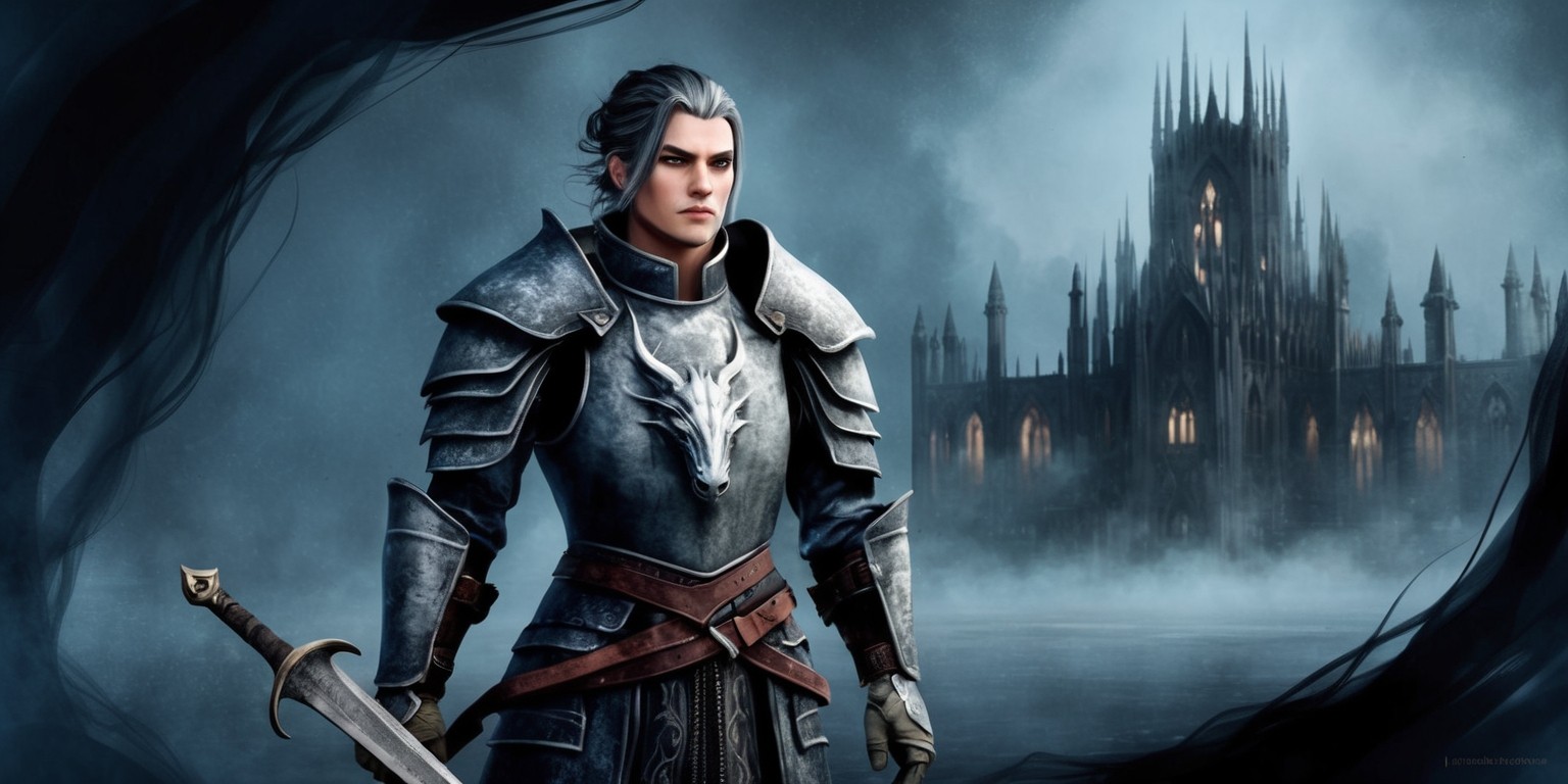 A moody, high-fantasy illustration of the Veilguard, an elite group of warriors from the Dragon Age universe, set against a dark, misty background with subtle, eerie lighting. The central figure, a seasoned Veilguard commander, stands proudly with a worn, leather-bound sword at their side, their facial features strong and defined, with piercing blue eyes and silver-streaked dark hair. They wear a set of ornate, weathered armor adorned with the emblem of the Veilguard: a silver dragon's head on a black background. The armor itself is a mix of dark grays and blacks, with a subtle, crimson stripe running along the shoulder pads. In the distance, a sprawling, gothic-inspired citadel looms, shrouded in mist and darkness, with faint, ethereal lights flickering in the windows. The overall color palette is muted, with deep blues, grays, and blacks dominating the scene, evoking a sense of mystery and foreboding.