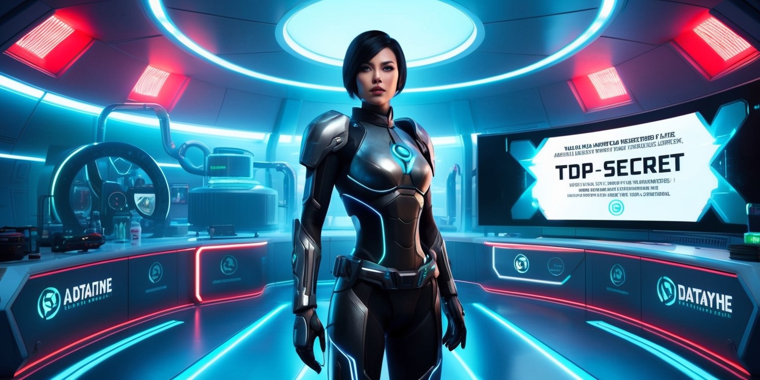 A futuristic, high-tech laboratory scene set in a sleek, neon-lit underground facility, illuminated by soft blue hues and accentuated by flashes of bright red lights, featuring Joanna Dark, the protagonist, standing confidently in the center, wearing a reimagined version of her iconic black and silver armor, with a modern, metallic design and glowing blue accents, her facial features strong and determined, with piercing green eyes and short, dark hair, surrounded by holographic displays and futuristic equipment, with a large, curved screen in the background displaying a cryptic, top-secret message in a bold, futuristic font, and various logos and symbols of the dataDyne corporation subtly integrated into the environment, hinting at the conspiracy and intrigue that drives the game's narrative.