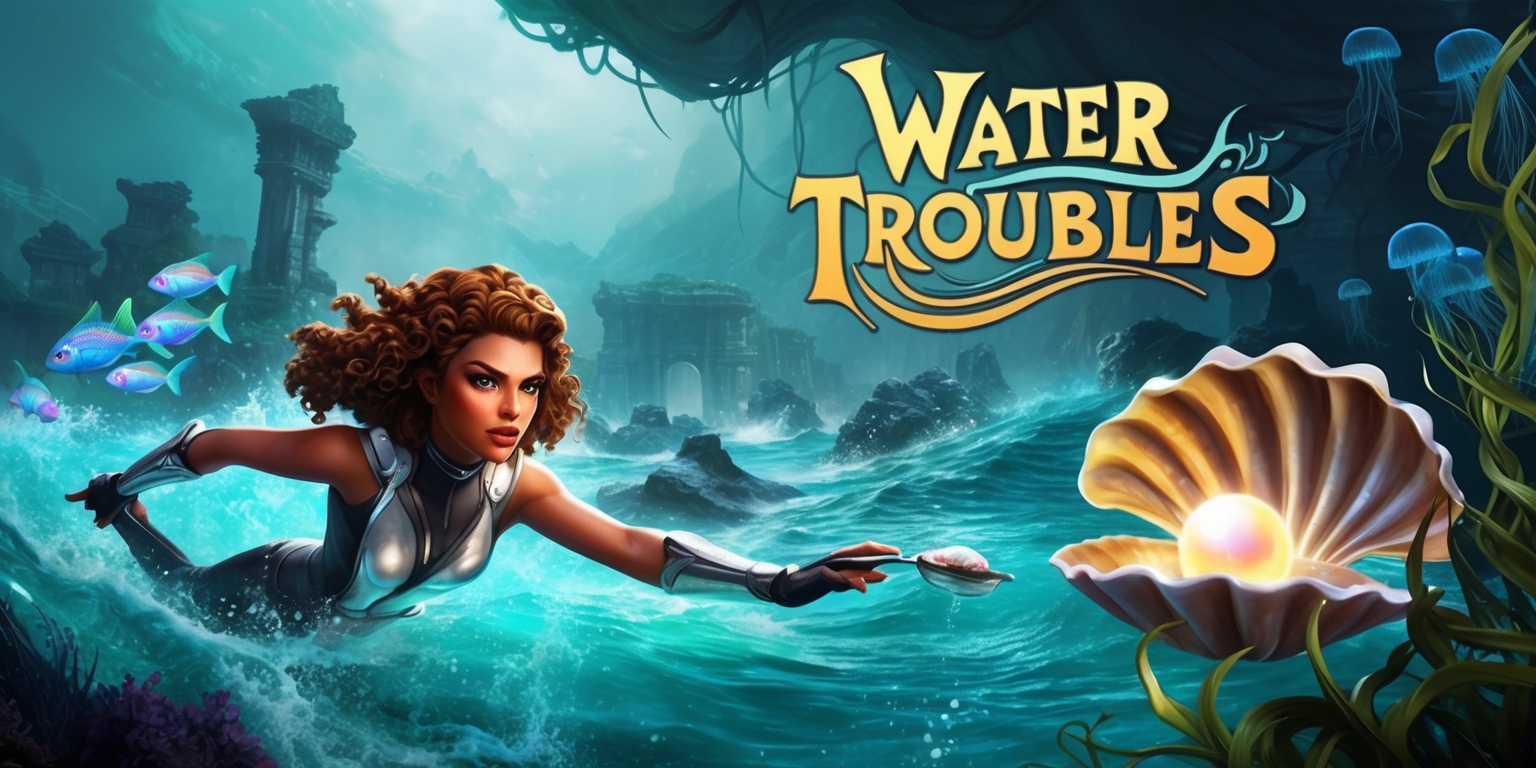 A fantasy role-playing game scene depicting a tumultuous underwater landscape with ancient ruins and mysterious artifacts, set amidst a backdrop of murky turquoise waters and wavy sea fans, where a brave adventurer with determined facial features and sun-kissed skin tone, donning a sleek diving suit with metallic accents and flowing locks of curly brown hair, is seen navigating through the treacherous waters, surrounded by a school of iridescent fish and flickering jellyfish, with the game's title Water Troubles emblazoned in bold, golden lettering with a stylized wave motif, and a faint glow of luminescent seaweed illuminating the darkening depths, as the adventurer reaches for a glowing pearl nestled within a giant clamshell, with a subtle gradient of blues and greens fading into the distance.