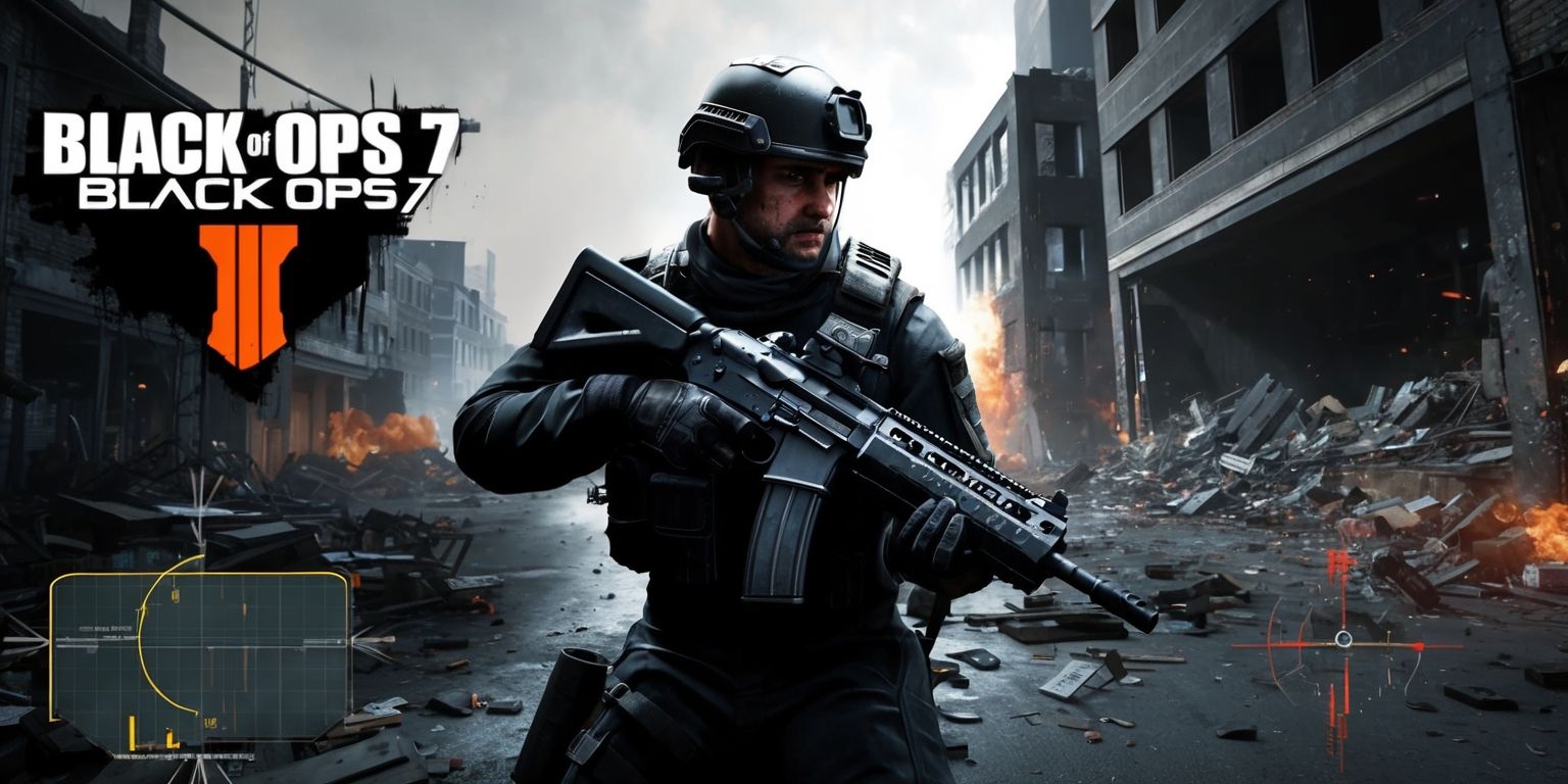 A dark and gritty video game scene from Black Ops 7 with a first-person perspective, featuring a soldier in the foreground with a determined expression, wearing a black tactical uniform and helmet, and holding a futuristic assault rifle, set against a chaotic and destroyed urban backdrop with ruined buildings and debris-filled streets, with a color scheme of dark greys and blacks, and hints of red and orange from explosions and gunfire, with a bold and gritty font displaying the game's logo in the top left corner, and a series of HUD elements and crosshairs overlayed on the screen, giving a sense of intensity and urgency to the scene.