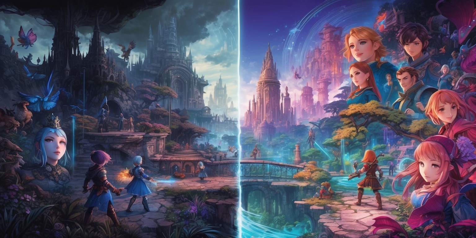 A vibrant fantasy realm unfolds in a stylized illustration, blending atmospheric and dynamic elements, with intricate narrative details, and rich artistic experiences, featuring a juxtaposition of the original classic game's darker, more muted color palette and the sequel's brighter, more vivid tones, set against a backdrop of layered level design, with characters exhibiting unique facial features, and skin colors, amidst evolving combat and platforming mechanics, surrounded by lush environments, and majestic architectural structures, with subtle hints of sound waves and musical notes, all intertwined to create an immersive dreamlike atmosphere, capturing the essence of the interconnected fantasy adventure video games.