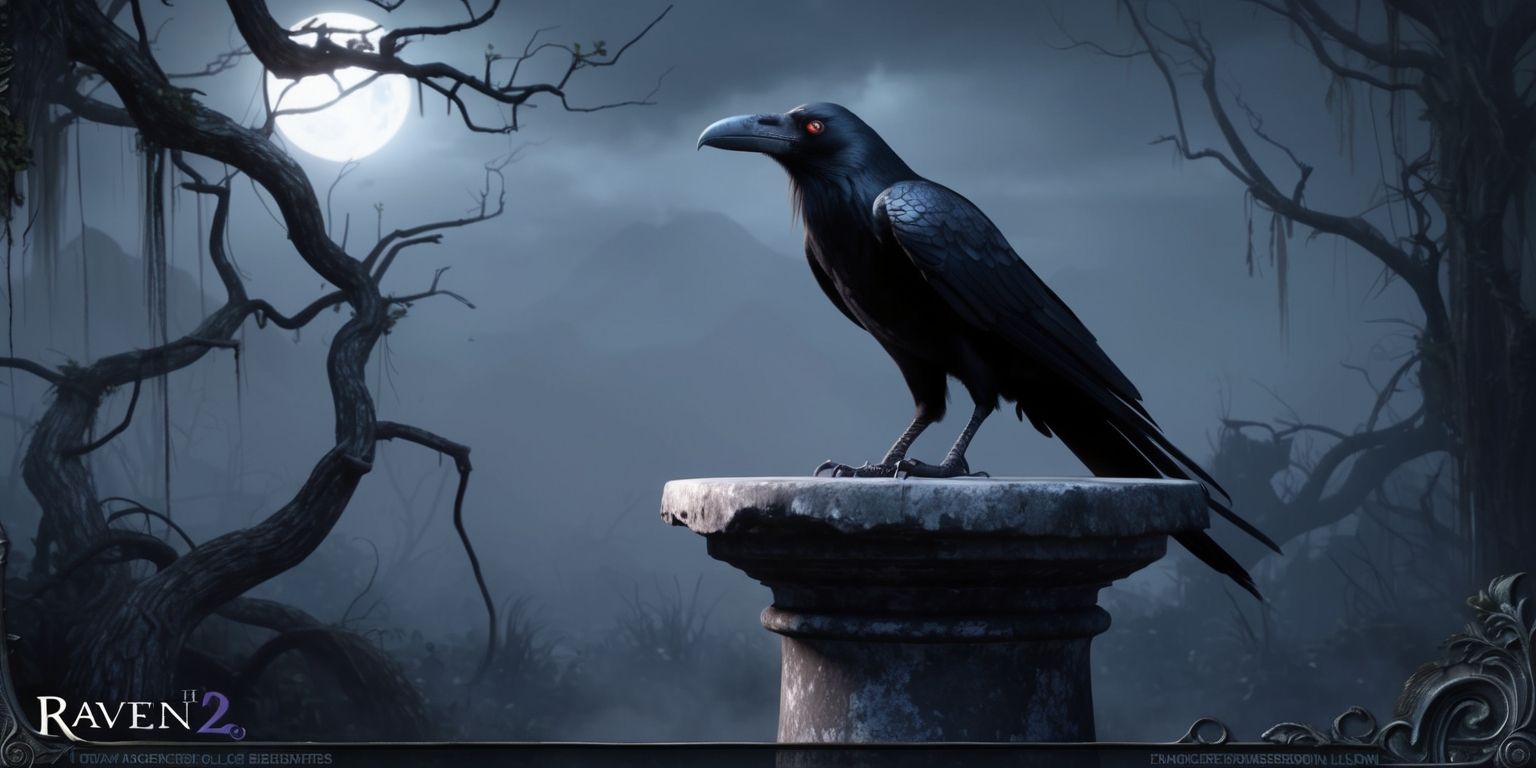 A dark and mystical video game scene from Raven2, with a lone figure of a raven perched atop a worn stone pedestal, set against a backdrop of a hauntingly beautiful, eerie landscape with twisted tree branches and misty fog, the raven's sleek black feathers glistening in the faint moonlight, its piercing eyes glowing with an otherworldly intelligence, the atmosphere is ominous and foreboding, with hints of ancient magic and mystery, the color palette is predominantly dark blues and greys, with accents of purple and silver, the overall style is a mix of Gothic and fantasy elements, with intricate details and textures, the composition is tightly framed, with the raven as the central focus, and the landscape fading into the background, creating a sense of depth and atmosphere.