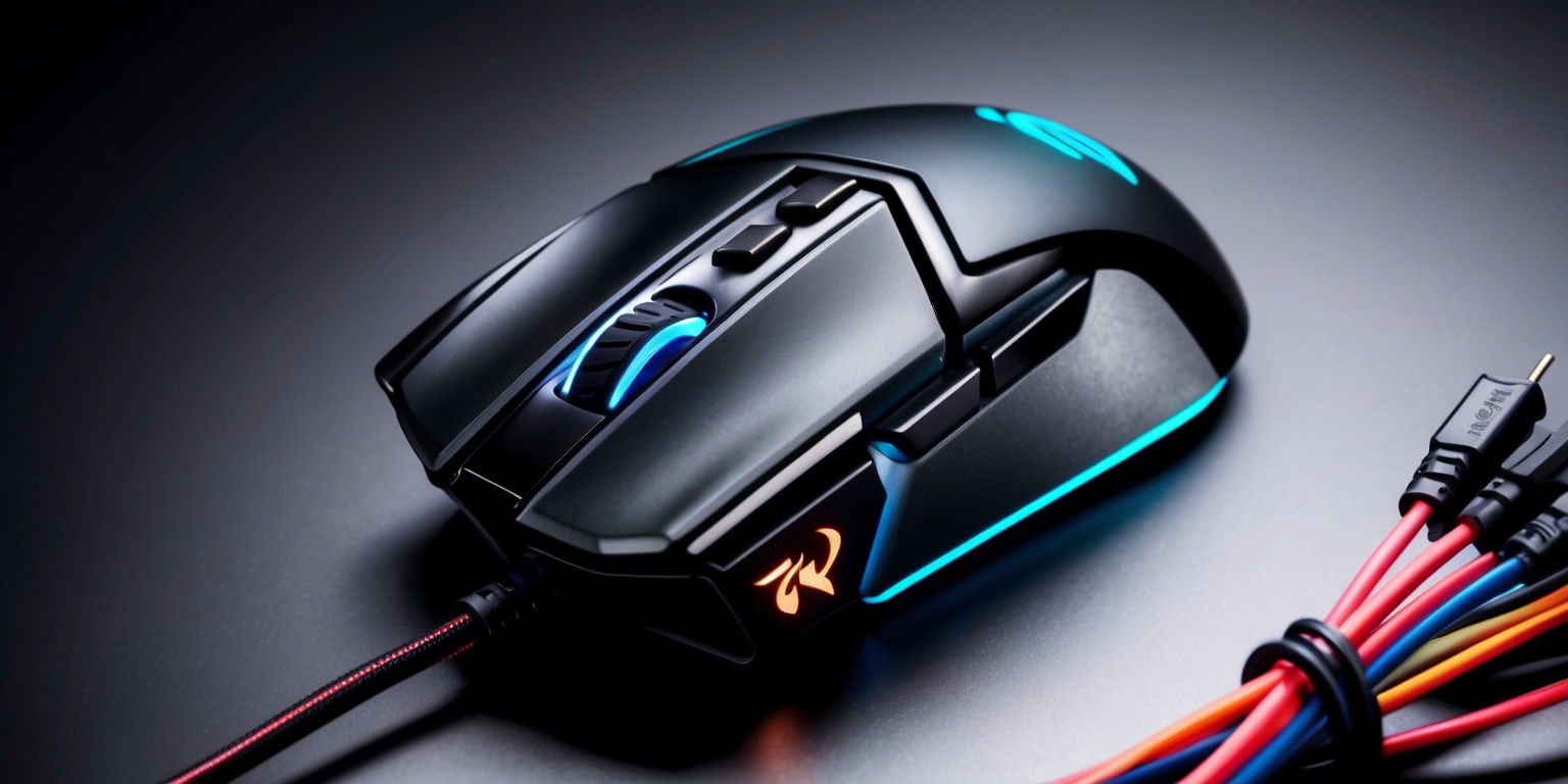 A high-performance esports gaming mouse with sleek and ergonomic design, featuring a mix of matte and glossy finishes, and a vibrant RGB lighting system that illuminates the mouse's contours and scrolling wheel, set against a dark or gradient background that accentuates the mouse's sharp lines and angular shape, with the brand's logo embossed on the top surface in a metallic silver font, and a bundle of colorful wires and cables neatly arranged in the surrounding area, highlighting the mouse's premium features and advanced technology.