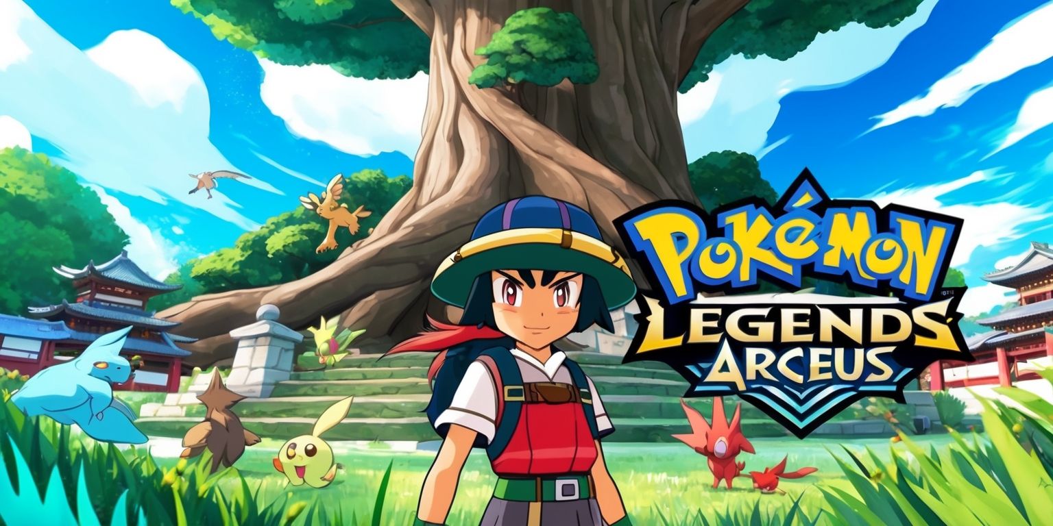 A vibrant illustration of the Pokémon Legends: Arceus game, set in the Hisui region, featuring a dynamic scene with the protagonist, a young trainer with determined facial features and a mix of Asian and Caucasian skin tone, wearing an explorer's outfit, standing in front of a massive tree, surrounded by lush greenery and wild Pokémon, with a bright blue sky and fluffy white clouds in the background, incorporating traditional Japanese architecture and elements, with bold lines, intricate details, and a mix of digital and watercolor textures, showcasing the game's unique art style, with the title Pokémon Legends: Arceus prominently displayed in a bold, golden font, with the Z-A logo subtly integrated into the design, highlighting the sense of adventure and exploration that defines the game.