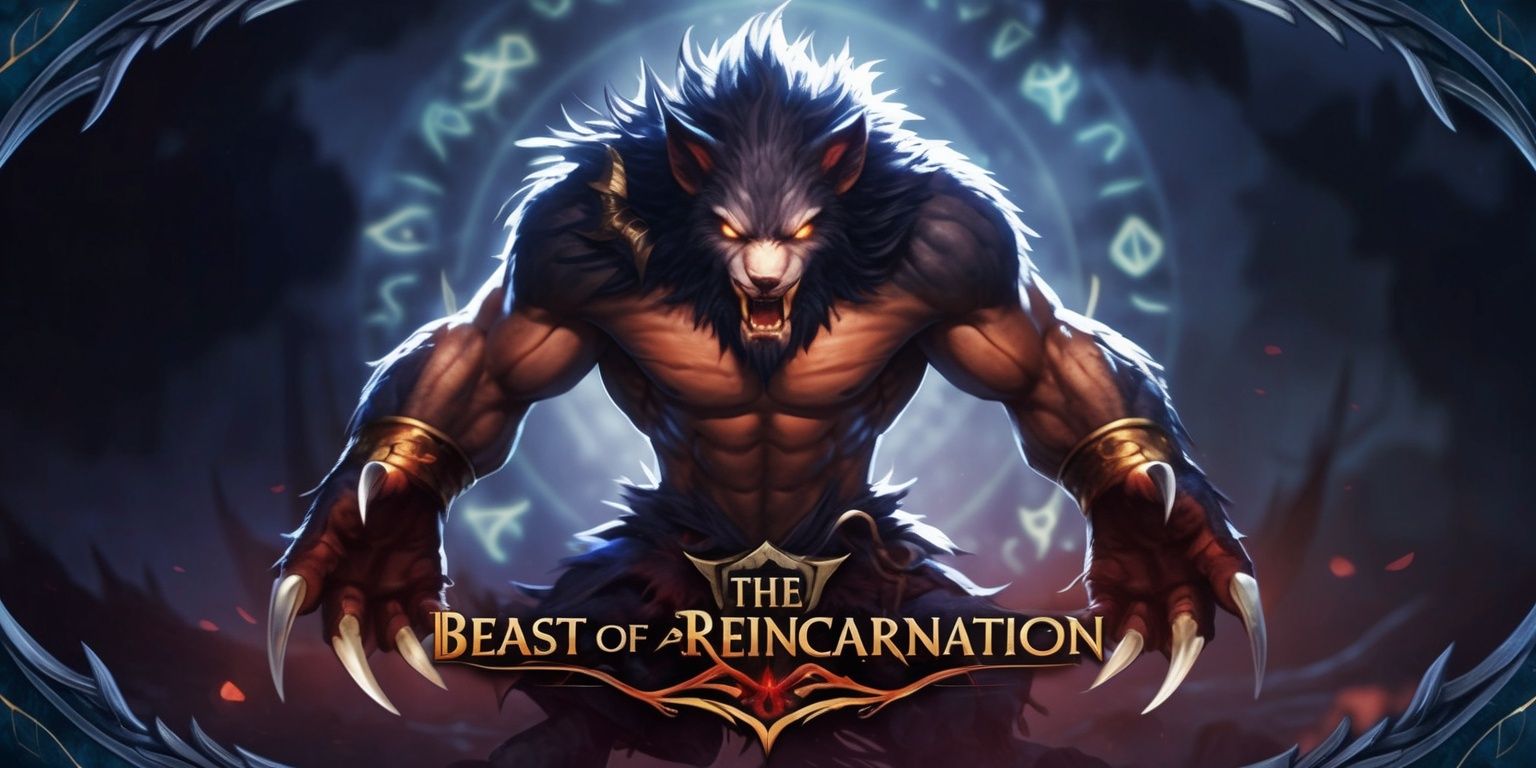 A fantasy artwork of the Beast of Reincarnation game, featuring a dominant, muscular creature with sharp claws and teeth, set against a dark, mystical background with subtle, glowing runes, the beast's body a mix of animalistic and humanoid features, with piercing yellow eyes and dark, mottled fur, in the foreground, with a subtle, ethereal glow surrounding it, the overall color palette a mix of deep blues and purples, with accents of gold and red, the style reminiscent of Japanese RPGs, with intricate details and textures, the layout framing the beast as the central focus, with the background elements subtly blurred to emphasize its dominance.
