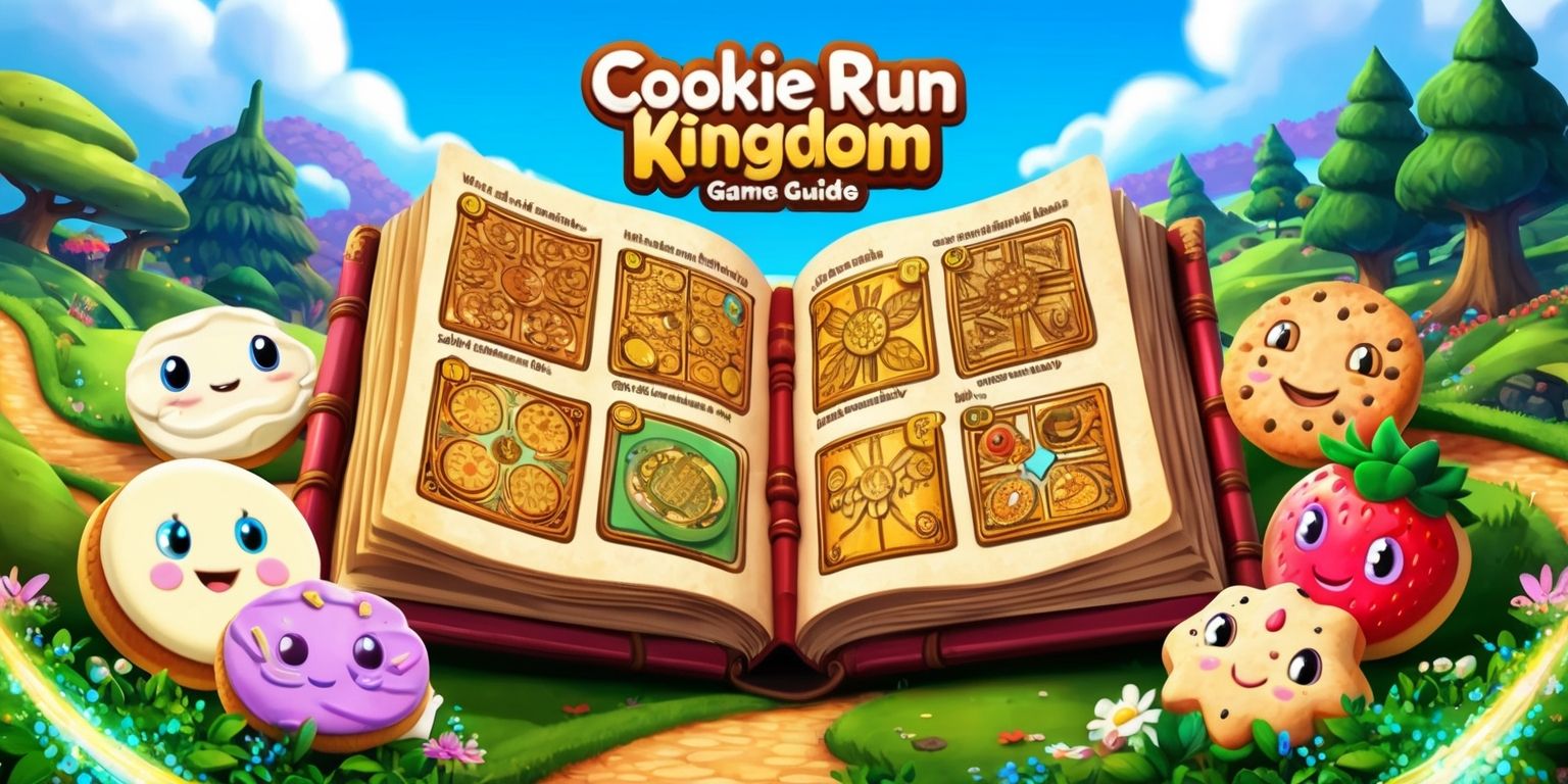 A colorful digital illustration of a Cookie Run Kingdom game guide, featuring a vibrant and detailed landscape with rolling hills, towering trees, and a meandering pathway, set against a bright blue sky with puffy white clouds, with various cookies from the game gathered around a large, ornate, ancient-looking book, open to a page filled with intricate, golden-hued diagrams and text in a bold, cursive font, with each cookie displaying unique facial features, expressive skin colors, and distinctive attributes, such as the Pure Vanilla Cookie with a soft, creamy complexion and the Strawberry Cookie with a rosy, flushed skin tone, all surrounded by lush green foliage, delicate flowers, and sparkling, shimmering effects, with a sense of adventure, excitement, and discovery emanating from the scene.