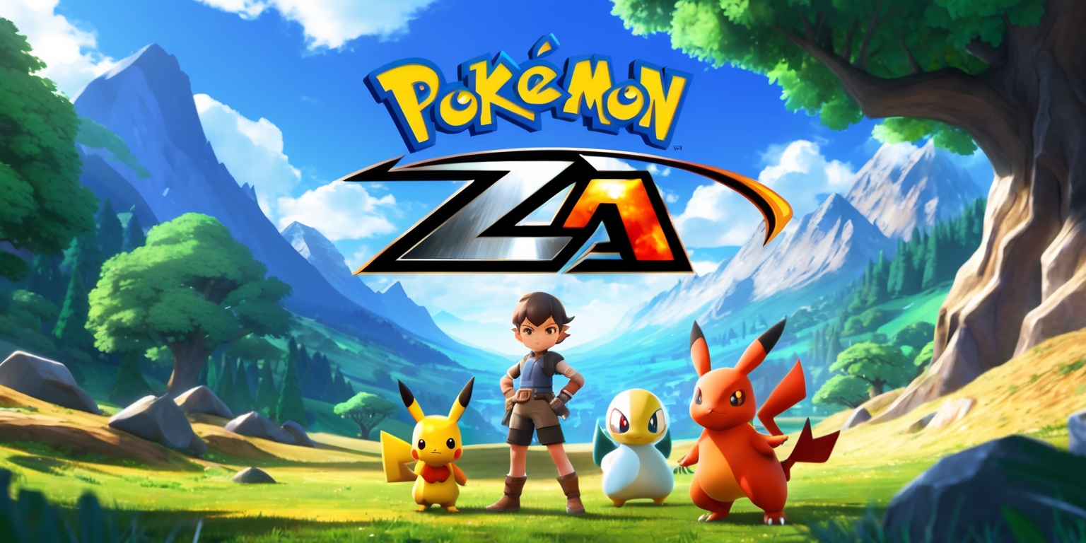 A vibrant scene depicting the world of Pokémon Legends: Z-A, with a young trainer standing courageously in the foreground, wearing a determined expression on their face, with a few distinctive Pokémon by their side, set against a breathtaking landscape of lush green forests, majestic mountains, and a clear blue sky, with the game's logo prominently displayed in a bold, modern font, featuring a stylized letter Z and A in a metallic silver color, with the title Pokémon Legends written in a curved line above the logo, in a bright, fiery orange color, and the tagline Arceus's legends await below the logo, in a smaller, sleek font, all while maintaining a sense of adventure and excitement, with intricate details and textures, and a mix of warm and cool colors that bring the Pokémon world to life.