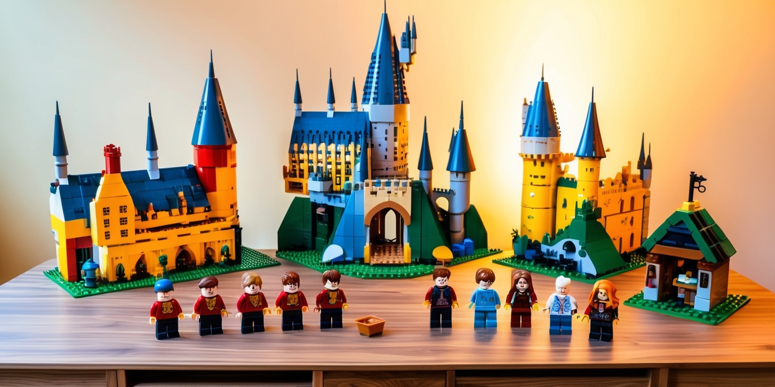 A colorful, highly detailed diorama featuring a collection of Lego Harry Potter sets, including the iconic Hogwarts Castle, Quidditch Arena, and Hagrid's Hut, arranged on a large, wooden, oak-grain table, with a subtle gradient of warm lighting casting a sense of magic and wonder, the Lego bricks and mini-figures showcasing a range of vibrant colors, from the bright reds and blues of the Hogwarts uniforms to the warm yellows and oranges of the castle's architecture, with tiny, intricate details such as tiny windows, doors, and turrets, and an assortment of mini-figures depicting beloved characters from the Harry Potter series, including Harry, Ron, Hermione, and Dumbledore, with expressive facial features and authentic costumes, set against a soft, cream-colored background that evokes a sense of nostalgia and childhood wonder.