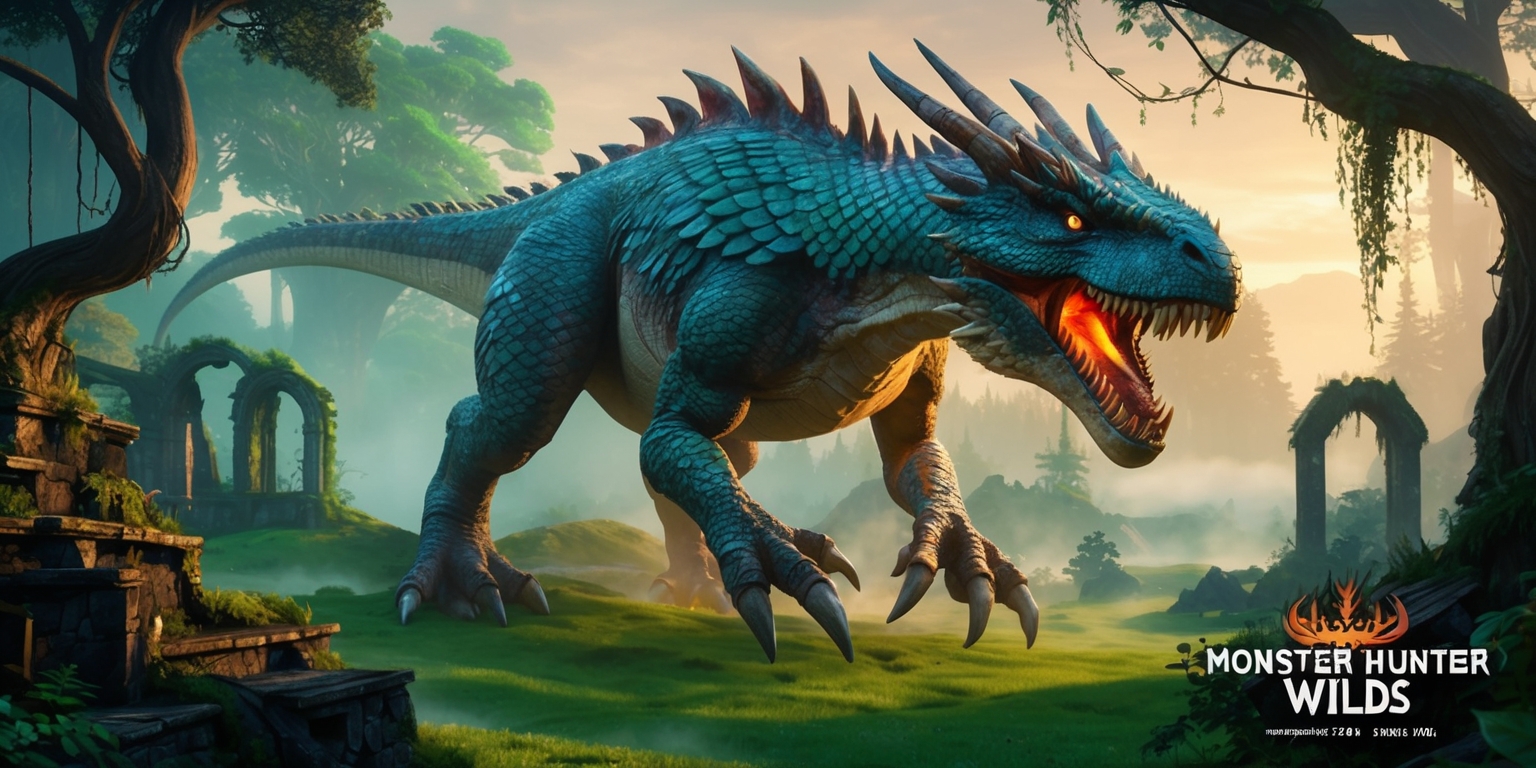 A sweeping, cinematic digital illustration of a fantastical world inspired by the Monster Hunter Wilds game, with a majestic, scale-covered beast - think dragon and dinosaur hybrid - taking center stage, set against a vibrant, misty, emerald green forest backdrop with towering trees and twisted vines, amidst a warm, golden hour light, capturing the essence of exploration and adventure, with the monster's piercing, fiery eyes and razor-sharp claws rendered in meticulous detail, surrounded by lush foliage and moss-covered ruins, evoking a sense of ancient magic and mystery, with subtle, weathered textures and intricate patterns adorning the environment and the beast's armor-like scales, inviting the viewer to step into the uncharted territories of Monster Hunter Wilds.