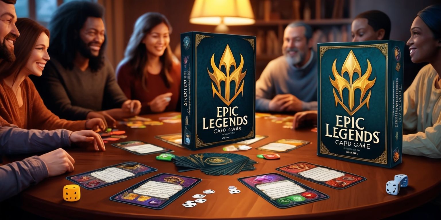 Epic Legends Card Game, a narrative-driven cooperative trick-taking card game, with players assuming roles and tailored objectives within a mythic narrative, featuring innovative card mechanics, immersive fantasy artwork with vibrant colors, and multiple chapter modes, played on a wooden table with cards fanned out, surrounded by players with diverse facial features and skin colors, engaged in teamwork and individual challenge, with a large campaign book open in the center, and a few dice and tokens scattered around, under a warm lamp light, with a blurred background of a cozy gaming room, and the game's logo, a stylized golden crest with bold serif font, prominently displayed on the box and the book.