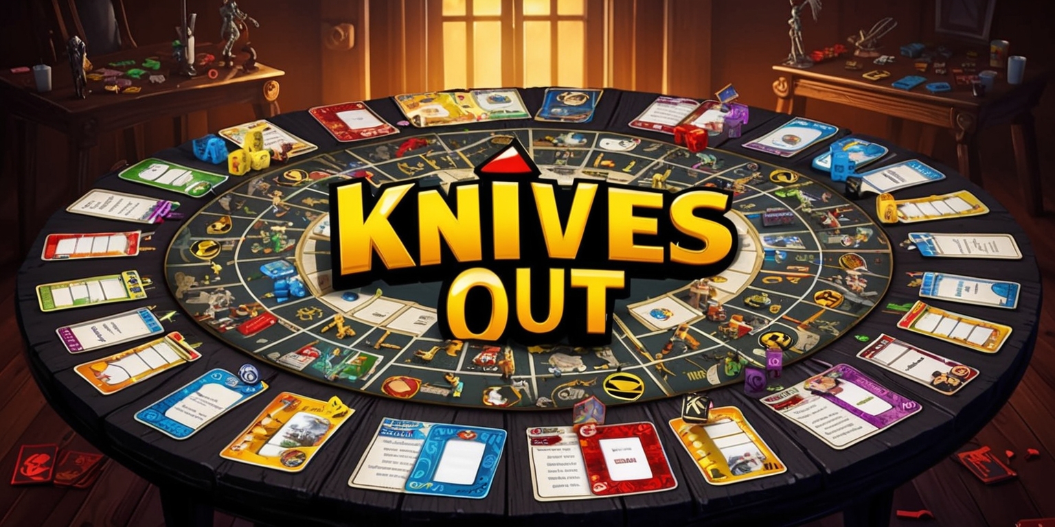 A mysterious and intricate board game spread out on a dark wooden table, with the title Knives Out emblazoned in bold, golden font across the center of the board, surrounded by colorful characters, weapons, and clues, each piece meticulously crafted with fine details, set against a warm, atmospheric background with dim lighting, and a sense of suspenseful gameplay, with various player tokens and cards fanned out, waiting for the next move, in a vibrant, whimsical style, with a mix of bright, rich colors, and deep shadows, inviting players to unravel the mystery and solve the crime.
