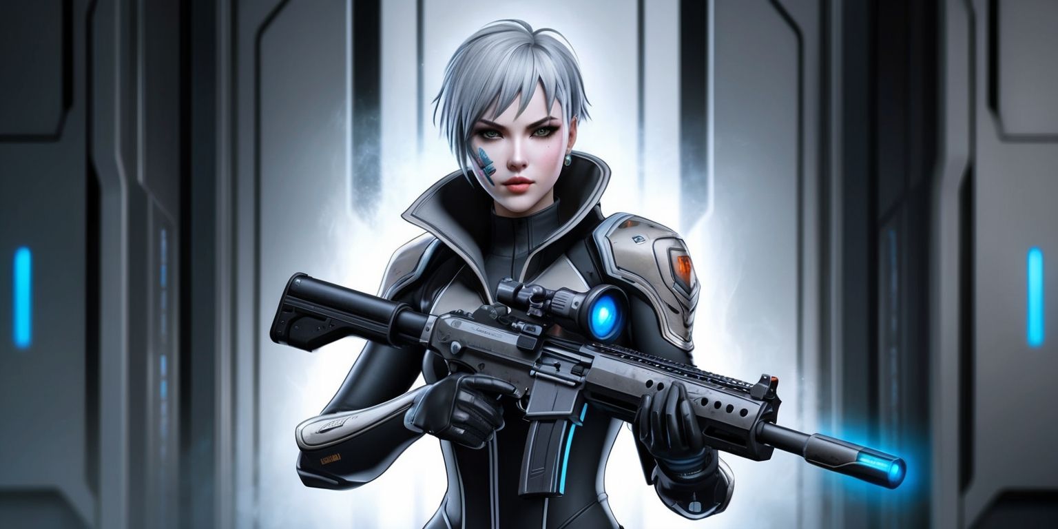 Arknights Endfield operator standing in a futuristic sci-fi environment with a metallic backdrop, wearing a sleek black and silver uniform adorned with intricate details, a determined expression on her pale skin, short silver hair styled in a messy bob, piercing blue eyes, and a unique tattoo on her left cheek, holding a advanced rifle with a glowing blue scope, the operator's stance exudes confidence and readiness, with a subtle glow effect on her suit, surrounded by a subtle gradient of dark blues and greys, with the Arknights logo emblazoned on her shoulder in a bold, metallic font, the overall style is a mix of anime and western comic book elements, with sharp lines and vibrant colors, the image is framed in a wide shot, with the operator centered and the background blurred, conveying a sense of intensity and action.