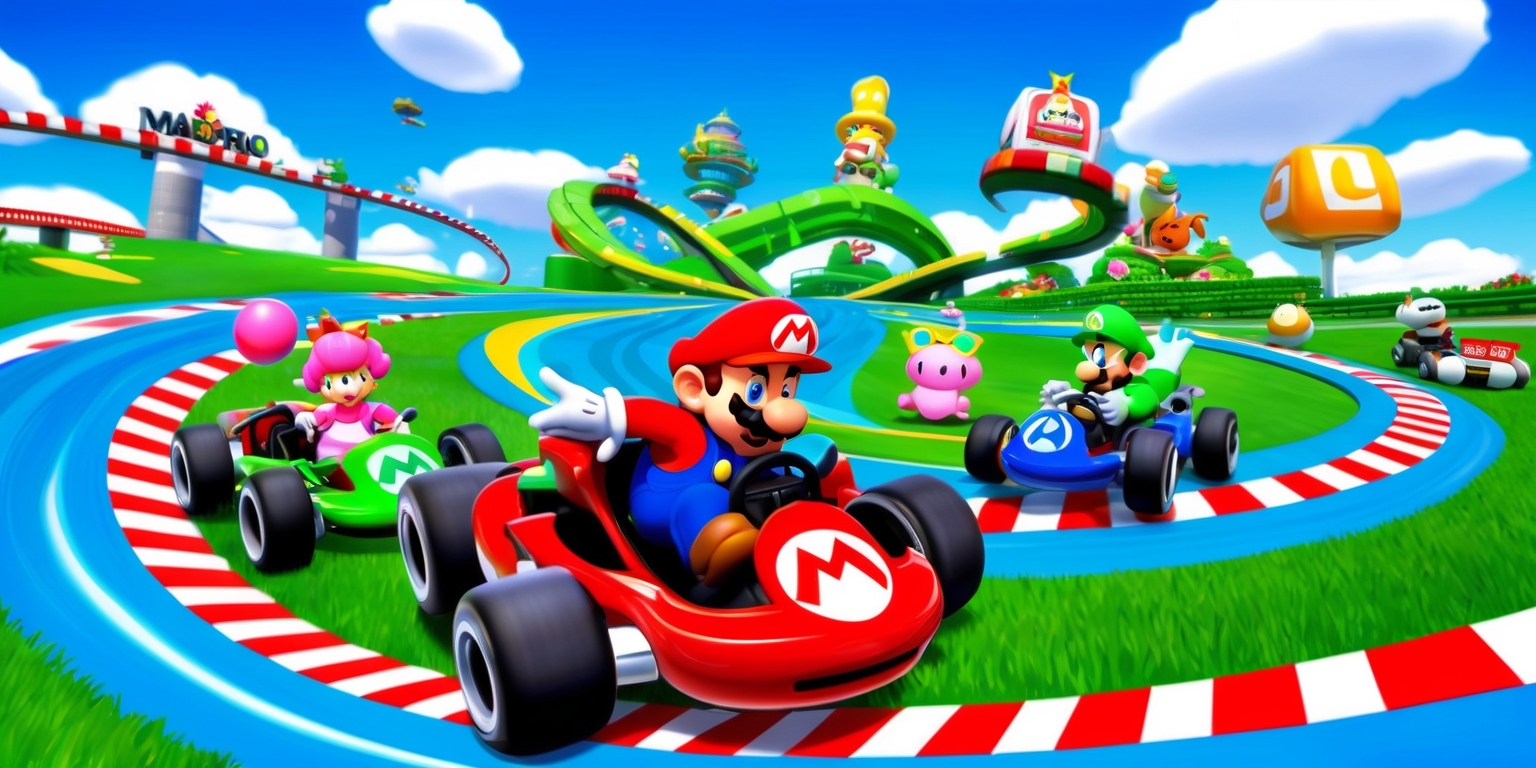 A vibrant, colorful digital illustration of the Mario Kart universe, featuring Mario, Luigi, Princess Peach, and Toads racing on a winding track with iconic Nintendo landmarks and power-ups scattered throughout, set against a bright blue sky with fluffy white clouds, with Mario's red cap and blue overalls standing out against the lush green grass and vibrant track lines, with bold, curved lines and a dynamic, energetic composition that captures the excitement and speed of the racing game.