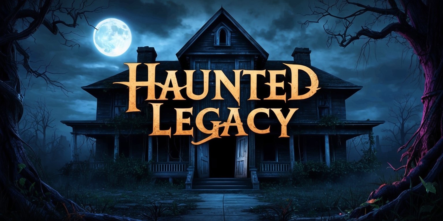 A dark and ominous video game cover for Haunted Legacy, featuring a mysterious and abandoned mansion in the background with overgrown trees and vines, set against a moonlit sky with a full moon, the mansion's windows are broken and boarded up, with a large wooden door at the center, slightly ajar, as if inviting the player to enter, the title Haunted Legacy is emblazoned across the top of the cover in bold, gothic, golden lettering, with a subtle gradient effect to give it a haunted and eerie feel, the overall color palette is a mix of dark blues and grays, with hints of purple and red to convey a sense of horror and suspense.