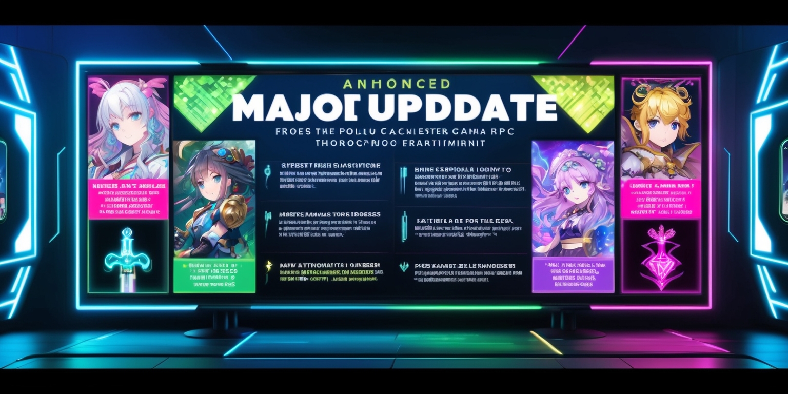 A vibrant, futuristic digital billboard displays the announcement of a major update for a popular mobile gacha RPG, set against a dark blue background with neon accents of pink, green, and yellow, evoking a sense of excitement and energy. The text, in a bold, modern font with subtle gradient effects, outlines the thrilling new additions: fresh characters with intricate designs and unique abilities, revamped banners showcasing stunning anime-style artwork, a sneak peek at upcoming events with cryptic hints at the storyline, new missions with challenging objectives, and technical enhancements for a seamless gaming experience. The layout is clean and visually appealing, with sections divided by thin, glowing lines and icons of swords, magic wands, and other fantastical elements. The overall design is a perfect blend of technology and fantasy, capturing the essence of a gacha RPG.