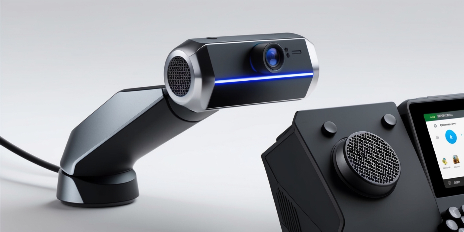 A sleek, futuristic console camera accessory with a matte black and silver metallic finish, featuring a high-resolution camera lens, motion tracking sensors, and a subtle LED light strip that pulses with a soft blue glow, mounted on a sturdy arm with adjustable joints, allowing for precise positioning and flexibility, accompanied by a compact, curved microphone array with a mesh grille, and a small, high-contrast LCD screen displaying real-time gameplay stats, chat windows, and social media updates, all seamlessly integrated into a compact, ergonomic design that fits snugly alongside the gaming console, with subtle, angular lines and a low-profile silhouette, evoking a sense of cutting-edge technology and innovative design.