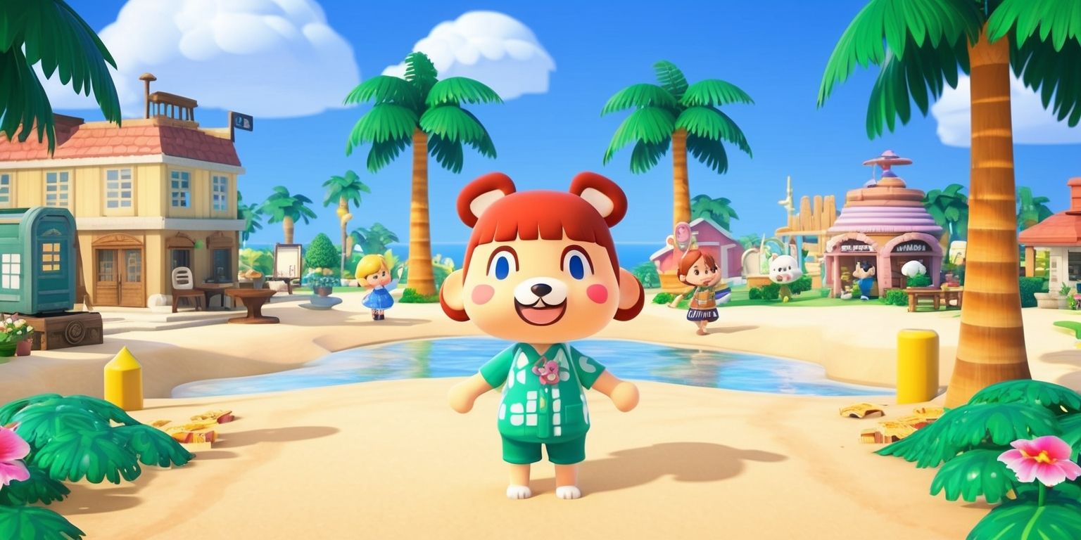 A serene and vibrant digital illustration of a scene from Animal Crossing: New Horizons game, featuring a character with a bright and cheerful expression, standing on a beautiful sandy beach surrounded by palm trees, with a few villagers in the background, including Tom Nook and Isabelle, amidst a variety of colorful buildings and decorative items, set against a clear blue sky with a few fluffy white clouds, with a mix of natural and man-made elements, and a sense of tranquility and relaxation, in a style reminiscent of the game's charming and whimsical graphics, with bold lines, soft textures, and a pastel color palette.