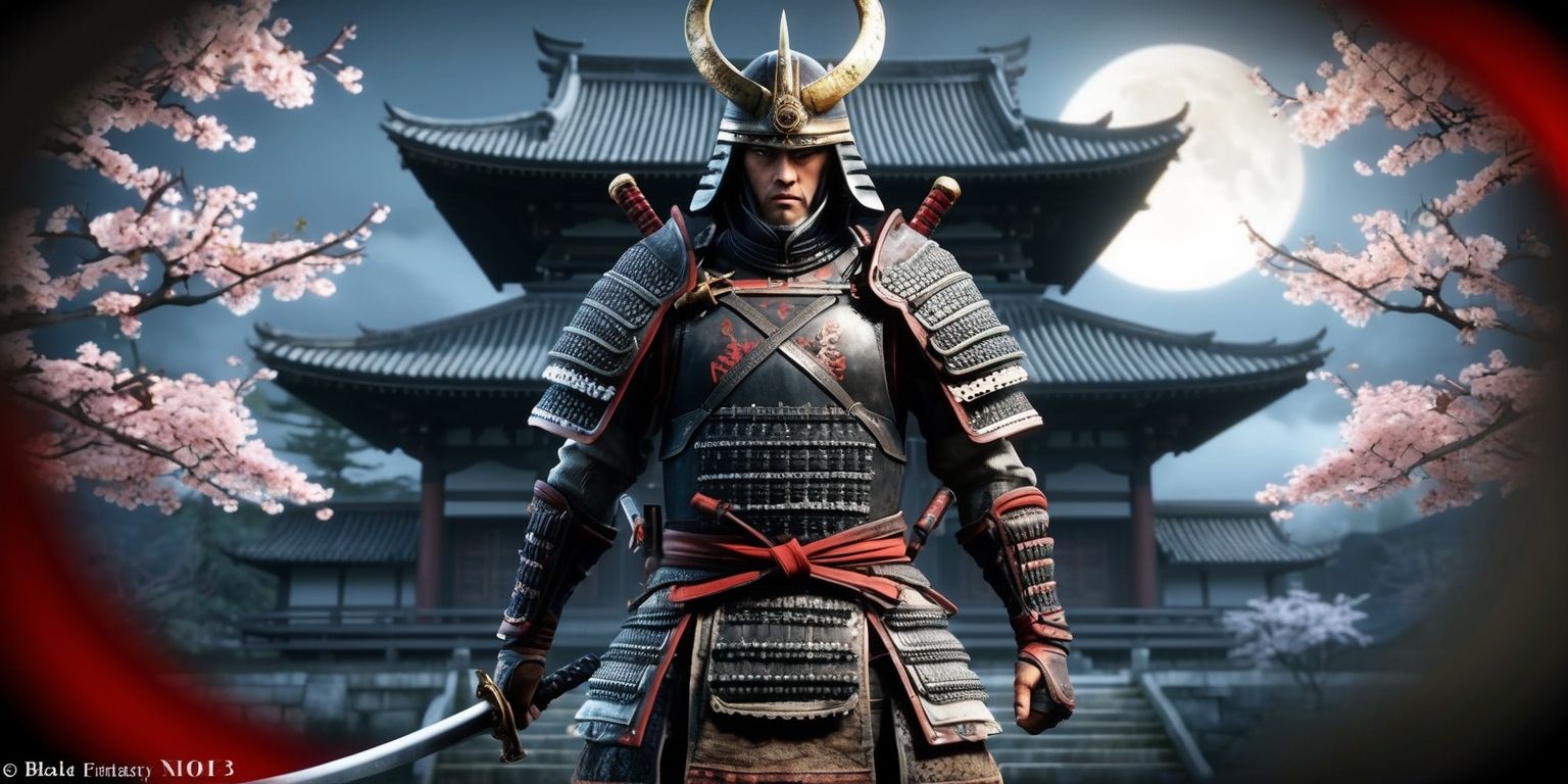 A dark fantasy action-adventure scene from Nioh 3, set in feudal Japan, with a skilled samurai warrior wearing traditional armor, including a horned helmet and carrying a katana, standing heroically in front of a blurred background of a ancient Japanese temple, with cherry blossom trees and a full moon shining down, the color palette is muted with shades of grey, brown, and black, with hints of red and gold, the warrior's face is determined with a strong jawline and piercing brown eyes, the overall style is a mix of Japanese ukiyo-e and dark fantasy elements, with intricate details on the armor and the surroundings, the layout is dynamic with the warrior placed in the center, and the framing is close-up with a slight blur effect on the edges.