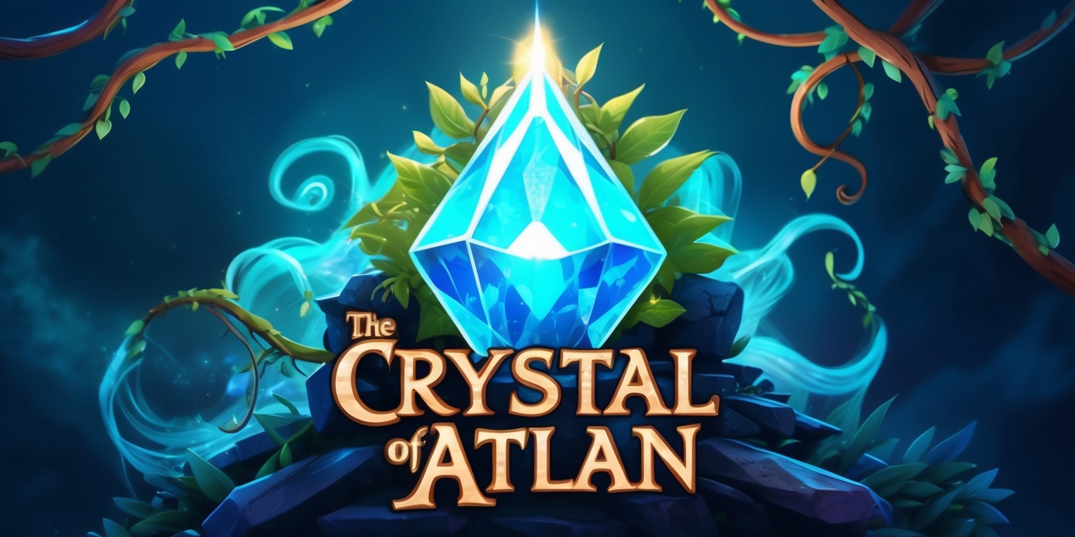 A beautifully rendered digital illustration of the Crystal of Atlan game, set against a rich, dark blue background that evokes a sense of ancient mysticism, with the crystal itself taking center stage, its facets glinting with an otherworldly light, surrounded by tendrils of mist and vines that seem to pulse with an ethereal energy, the overall design exuding a sense of mystical wonder and adventure, with intricate, swirling patterns etched into the crystal's surface, and perhaps a few subtle, shimmering accents that hint at the game's magical world, the entire scene bathed in a soft, luminescent glow that invites the viewer to step into the mystical realm of Atlan.