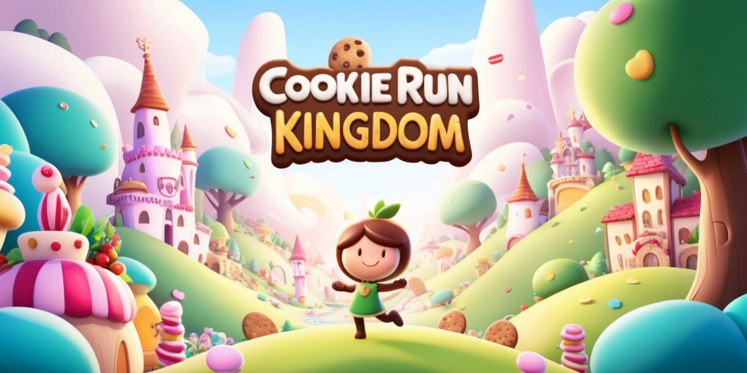 A vibrant, whimsical illustration featuring the delightful characters and settings from the popular mobile game Cookie Run Kingdom. The artwork showcases a central figure, perhaps Holly or a similarly iconic cookie hero, standing proudly amidst a bustling kingdom filled with rolling hills, towering trees, and colorful buildings. The atmosphere is lively and joyful, with soft, rounded shapes and delicate textures evoking a sense of warmth and playfulness. The color palette is bright and pastel, with creamy whites, soft pinks, and gentle blues dominating the scene. Incorporate subtle visual elements that nod to the game's baking theme, such as decorative icing swirls, candy pieces, or pastry-inspired architecture. The overall style blends digital painting with a touch of hand-drawn charm, inviting the viewer to step into the whimsical world of Cookie Run Kingdom.