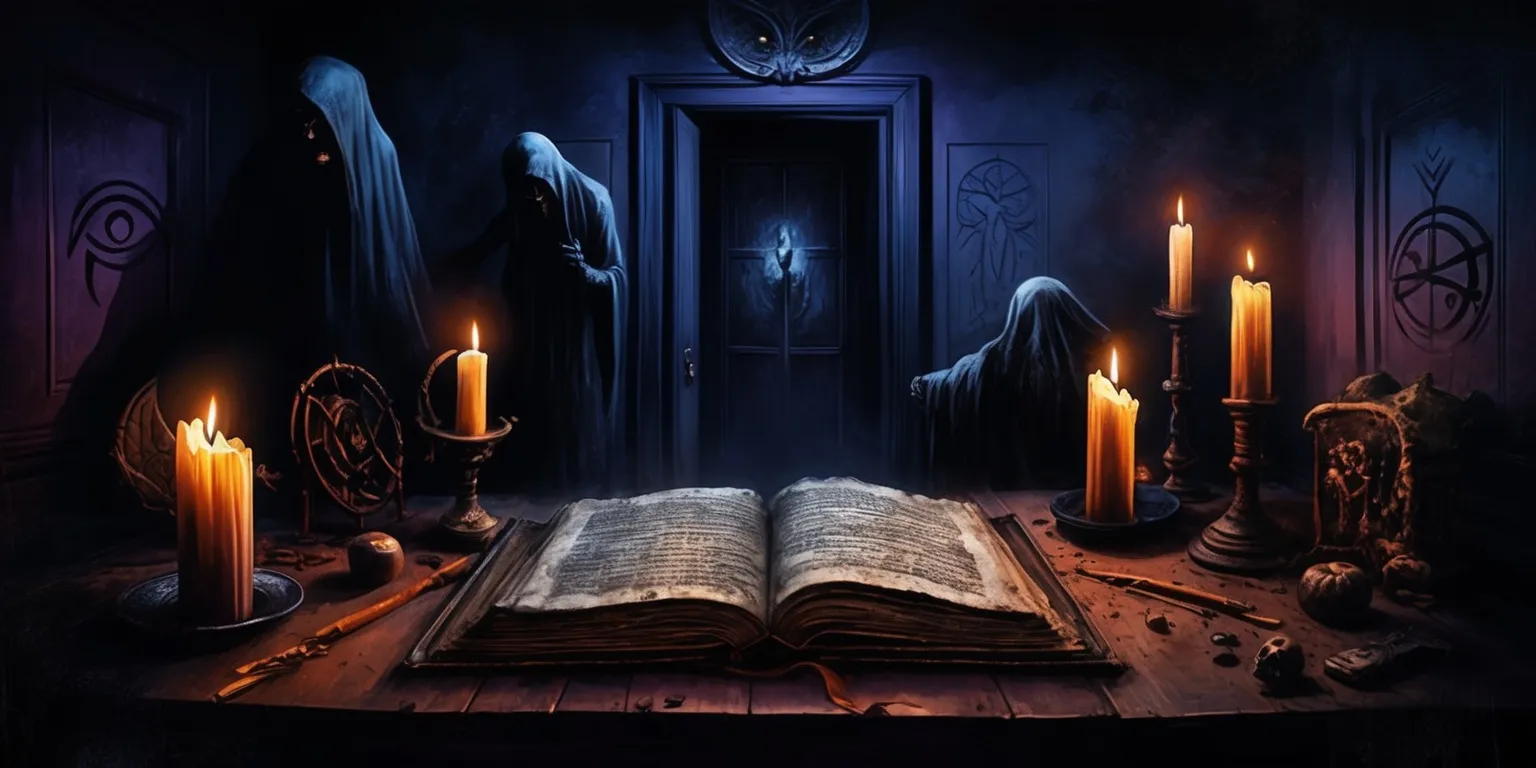 A spooky, dimly lit scene depicting a paranormal mystery game, with a creepy, old, leather-bound book lying open on a wooden table, surrounded by candles, strange artifacts, and mysterious symbols etched into the walls, the atmosphere is eerie and suspenseful, with a sense of foreboding, the colors are dark and muted, with shades of indigo, purple, and black, the style is reminiscent of a vintage, film noir, with bold, dramatic shadows and highlights, the layout is cluttered and chaotic, with objects overlapping and casting ominous silhouettes, the framing is tight, with the focus on the central book and artifacts, the overall mood is one of eerie anticipation and fear, with a sense of something supernatural lurking just out of sight.