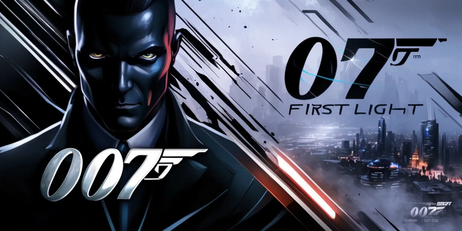 A cinematic illustration of the 007 First Light game, featuring a dark and sleek Bond-like figure with a strong jawline, piercing eyes, and a sophisticated suit, set against a high-tech background with neon lights and futuristic gadgets, with a predominantly black and metallic color scheme, bold lines, and dynamic composition, incorporating the game's logo in a stylized, silver font with a subtle glow effect, and a cityscape at dusk with a hint of mist and glow, blending action and sophistication in a digital painting style with intricate details and textures.