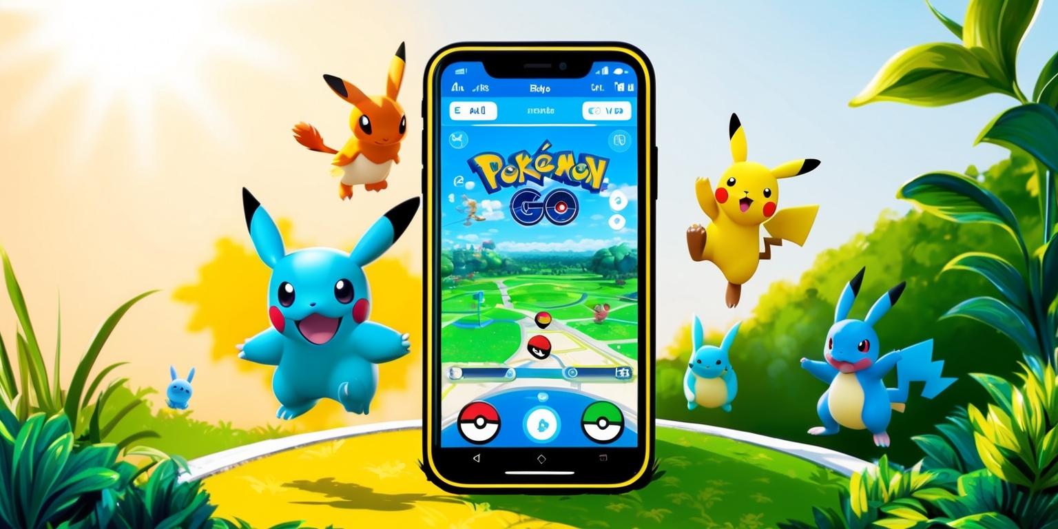 A bright and vibrant illustration of the Pokémon GO game, set against a warm sunny background with a slight blur, featuring a smartphone screen prominently displaying the game's interface with various pokémons, maps, and gauges, surrounded by luscious greenery and a few pokémons roaming freely in the real world, with a mix of realistic and stylized elements, incorporating bold lines, soft textures, and intricate details, with a color palette dominated by blues, greens, and yellows, evoking a sense of adventure and exploration, capturing the essence of augmented reality gaming.