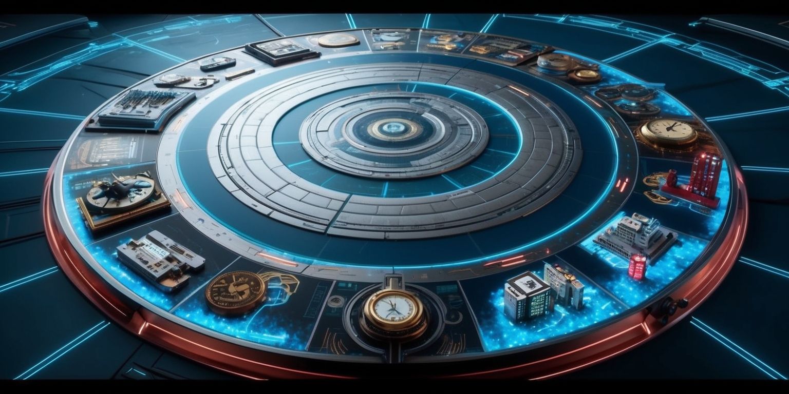 A futuristic strategy game scene with a temporal evolution theme, featuring a large, circular, metallic board with a spiral pattern, set against a dark blue background with subtle, glowing blue lines and nodes, the board is divided into sections representing different eras, from ancient civilizations to futuristic cities, with various game pieces and tokens, such as clocks, gears, and miniature models of iconic buildings, scattered throughout, the overall aesthetic is a mix of industrial and neon elements, with a sense of depth and dimensionality, the color palette is dominated by shades of blue, with accents of silver, gold, and red, the game pieces and board are rendered in a highly detailed, realistic style, with intricate textures and reflections, the atmosphere is one of intense focus and strategic planning.