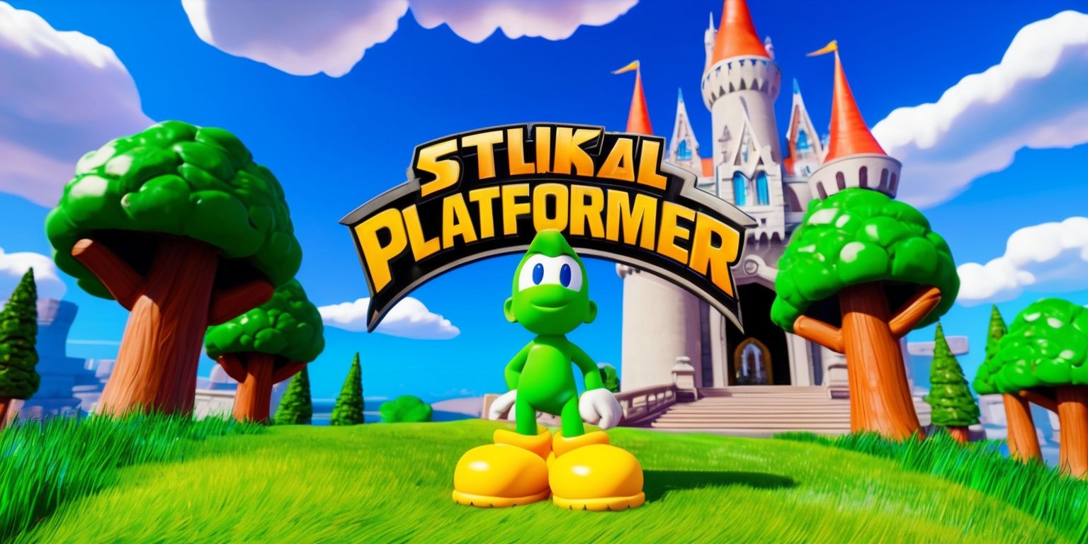A colorful 3D platformer game scene with a vibrant blue sky and fluffy white clouds, featuring a protagonist character with bright green skin and oversized yellow shoes, standing on a green grassy hill surrounded by tall trees with brown trunks and lush green leaves, in the background a majestic castle with tall spires and a grand entrance, the game's logo is prominently displayed in bold golden font with a stylized game title and a tagline written in a curved line above the logo in a futuristic silver font, the overall style is reminiscent of classic platformer games with a mix of realistic and fantastical elements, the scene is framed by a slight vignette effect with a shallow depth of field, drawing the viewer's attention to the protagonist and the game's world.