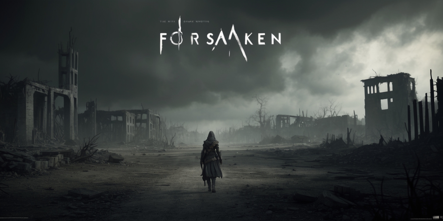 A dark, ominous scene from the Forsaken game, set in a post-apocalyptic world with a haunting atmosphere, featuring a lone figure in the distance, with worn, tattered clothing, walking towards a desolate, abandoned landscape with ruined buildings, and a gloomy, overcast sky with thick, grey clouds, the color palette is muted, with shades of grey, brown, and beige, the style is realistic, with a focus on gritty textures, and a sense of foreboding, the layout is wide, with the figure small in the distance, and the ruined landscape sprawling out to the edges of the frame, the overall mood is one of desolation, and abandonment.