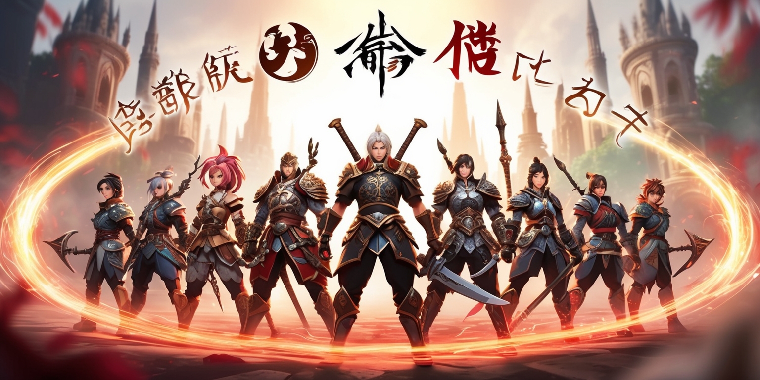 A vibrant and detailed illustration of a Japanese role-playing game scene, with a V-shaped formation of courageous heroes standing back to back, surrounded by a mesmerizing aura of magical energy, set against a soft focus backdrop of a mystical realm with towering spires and grand architecture, the heroes adorned in intricately designed armor with unique attributes, each with distinctive facial features, skin colors, and hairstyles, wielding an assortment of fantasy weapons, with Japanese-inspired typography and logos overlaid on the scene in a curved line above the heroes, the entire image bathed in a warm, golden light with shades of crimson and amber, blending traditional and digital media styles.