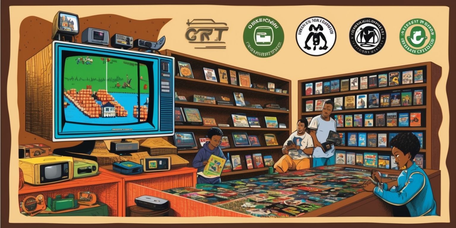 A detailed illustration of a game preservation archive featuring a nostalgic collection of vintage video games and consoles, with a mix of old and new technology, set against a warm and earthy tone background with shades of brown and beige, and incorporating vibrant colors from the games and consoles, including a large CRT television displaying a classic video game, with rows of shelves filled with games, consoles, and other gaming memorabilia, and a few people in the background, with diverse facial features, and various skin colors, all engaged in gaming or preserving activities, surrounded by logos and symbols of different game preservation initiatives, with a bold and playful font style, and incorporating natural textures such as wood and metal to add depth and warmth to the image.