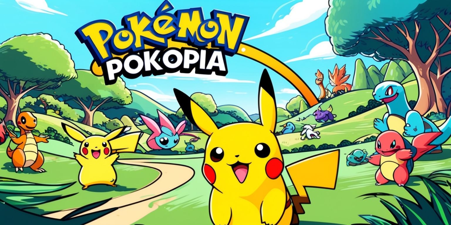 A vibrant and colorful illustration of the Pokémon Pokopia game, featuring a stylized landscape with rolling hills, towering trees, and a bright blue sky, with various Pokémon roaming freely, including a prominent Pikachu in the foreground, surrounded by other popular Pokémon like Charizard, Squirtle, and Bulbasaur, all rendered in a mix of realistic and cartoonish styles, with bold lines, textured details, and a sense of depth and dimensionality, set against a warm and inviting color palette with shades of green, blue, and yellow, and incorporating the Pokopia game's logo, a stylized letter P made up of tiny Pokémon silhouettes, in a curved line above the scene, with a subtle gradient effect to give it a sense of shine and depth.