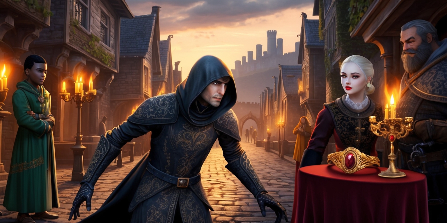A labyrinthine medieval fantasy cityscape at dusk, with warm golden torchlight spilling onto cobblestone streets and alleys, featuring a stealthy figure clad in dark, intricately embroidered leather armor, cloaked and hooded, navigating the shadows. Noble estates with ornate stone facades, adorned with family crests and flickering candelabras, loom in the background, while the silhouette of Castle Leyawiin rises majestically in the distance. The atmosphere is tense, with whispers of conspiracy and hidden agendas, as the operative, with a determined expression and piercing green eyes, interacts with a diverse cast of characters, including a streetwise urchin with a missing front tooth, a refined noblewoman with porcelain skin and crimson lips, and a gruff, battle-hardened guard with a thick beard, all set against a backdrop of ancient stone walls, secret passages, and hidden courtyards. The focal point is the prized heirloom, a glittering gold ring adorned with a blood-red gemstone, resting on a velvet pedestal, surrounded by intricate locks and snares, waiting to be retrieved in a daring, precision-crafted heist.