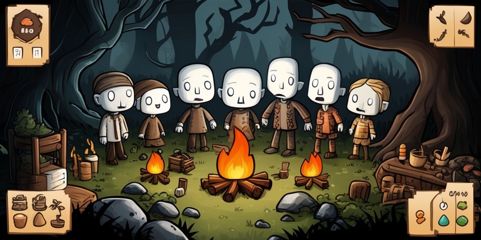 Don't Starve Together mobile game scene, stylized hand-drawn 2D artwork with a darkly whimsical gothic survival atmosphere, expressive cartoon characters with pale skin, exaggerated facial features, angular silhouettes, and distinctive clothing, gathered in a mysterious wilderness filled with twisted trees, rocky ground, grass, campfires, crafting supplies, and eerie shadowy creatures. Use bold ink outlines, textured brushwork, muted earthy browns and desaturated greens contrasted with warm orange firelight and deep charcoal shadows. Compose the image like a polished mobile game promotional screen, with a clear central focal point, layered environmental depth, dramatic lighting, and a slightly ominous yet playful tone. Include subtle mobile interface elements such as clean resource icons, inventory slots, health and hunger indicators, and compact controls arranged around the edges without obscuring the artwork. High-detail fantasy survival illustration, crisp readable composition, atmospheric background, polished game art presentation.