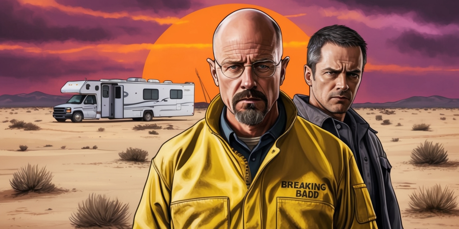 A dramatic illustration inspired by the critically acclaimed TV series Breaking Bad, set against a desert landscape with a foreboding orange and purple sunset. In the foreground, Walter White, played by Bryan Cranston, stands confidently in his iconic yellow hazmat suit, gazing directly at the viewer with an unyielding intensity in his eyes. To his right, Jesse Pinkman, portrayed by Aaron Paul, looks on nervously, his facial expression a mix of anxiety and desperation. Both characters are rendered in a detailed, realistic style, with subtle texture and shading to convey the wear and tear of their tumultuous journey. The surrounding landscape is dominated by shades of beige, tan, and brown, evoking the harsh, arid environment of Albuquerque, New Mexico. In the background, a faint outline of the RV used for their clandestine methamphetamine operation is visible, subtly hinting at the show's central plot. The overall mood is one of tension and foreboding, capturing the essence of the series' gripping narrative.