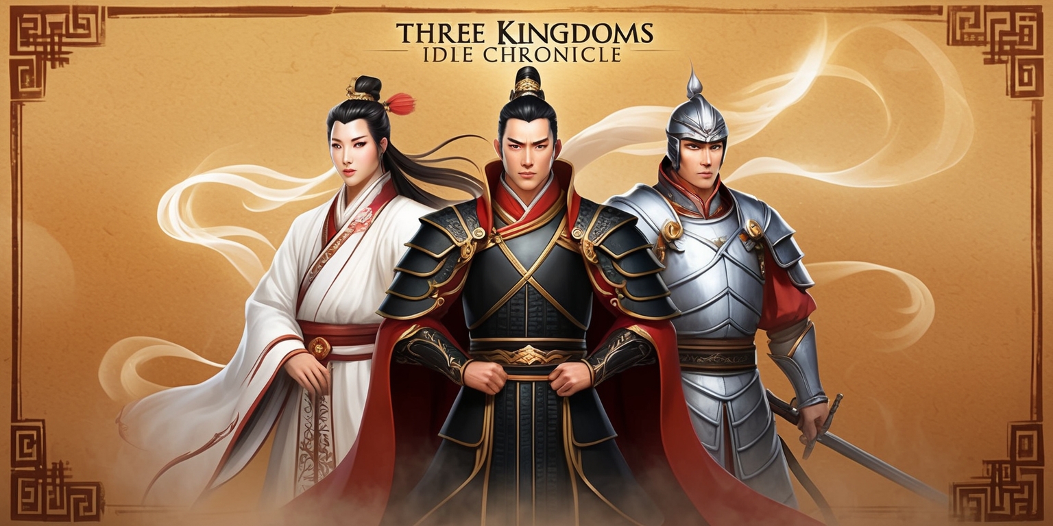 A majestic, serene illustration of the Three Kingdoms: Idle Chronicle game, set against a warm, golden-brown background with subtle texture, evoking a sense of aged parchment. In the foreground, three prominent figures from the game stand proudly, each with distinct facial features and attire. To the left, Liu Bei, the benevolent leader, wears a flowing white robe with intricate, crimson accents, his gentle eyes gleaming with wisdom. Centered, Cao Cao, the cunning strategist, dons a regal, black armor set with golden trim, his sharp, calculating gaze piercing through the scene. On the right, Sun Quan, the brave warrior, stands confidently in a suit of gleaming silver armor, his determined eyes shining bright. The characters are surrounded by soft, swirling mist, with delicate, hand-painted Chinese motifs adorning the borders, exuding an air of ancient mythology and mystique.